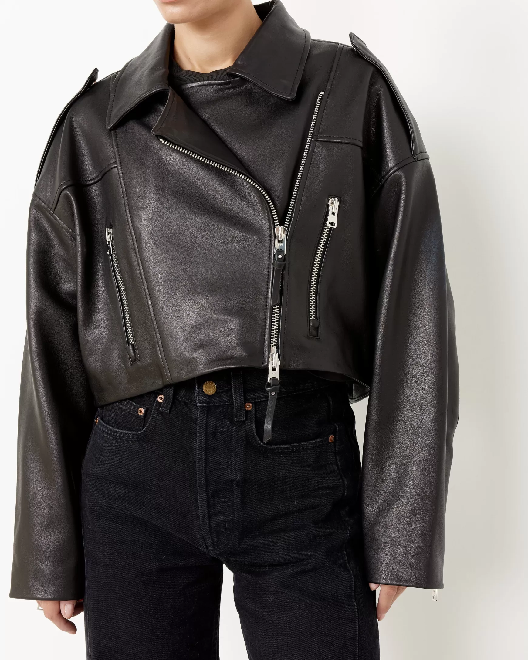 Best Sale Remi Cropped Leather Biker Woman Outerwear